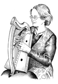 drawing of Cynthia playing her 19 string lap harp